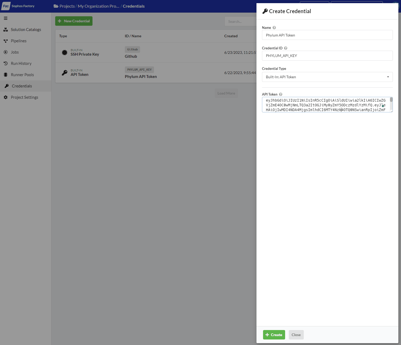 Create Phylum credential dialog