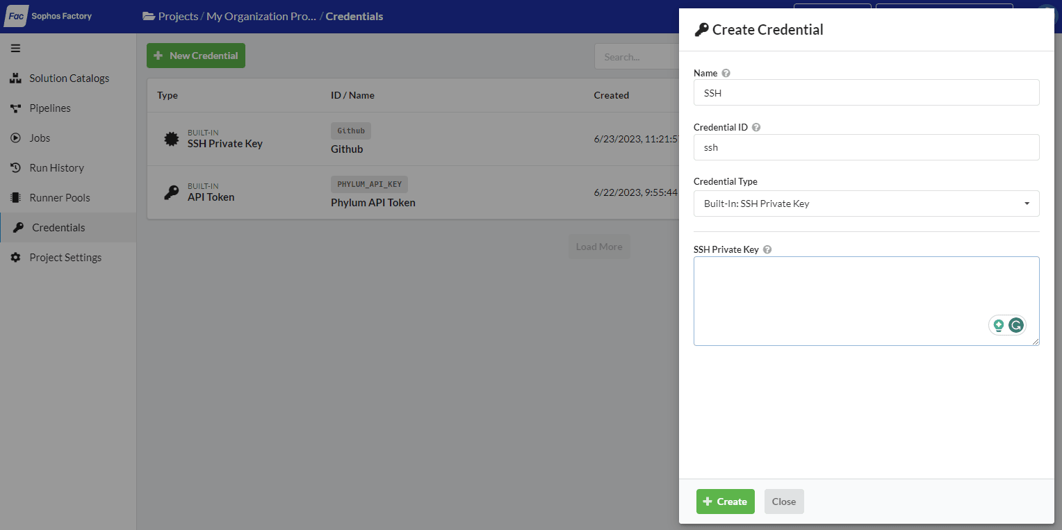 Create SSH key credential dialog