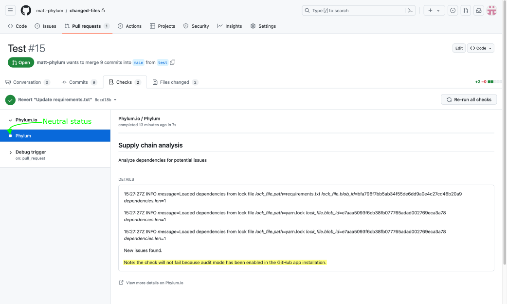 GitHub check result details showing a neutral result because of audit mode