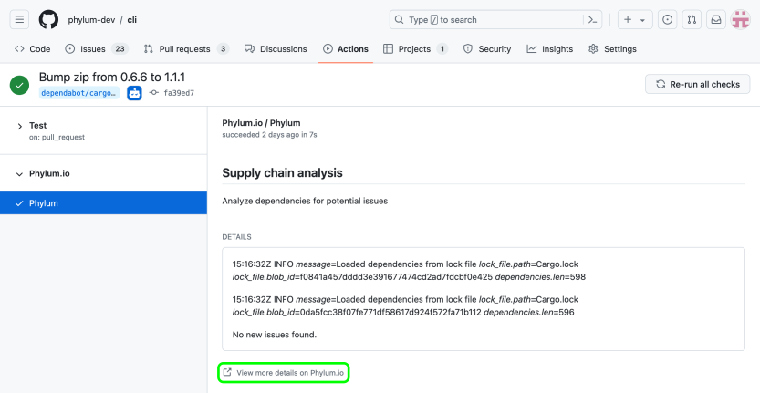 GitHub check details showing view more details on Phylum.io link